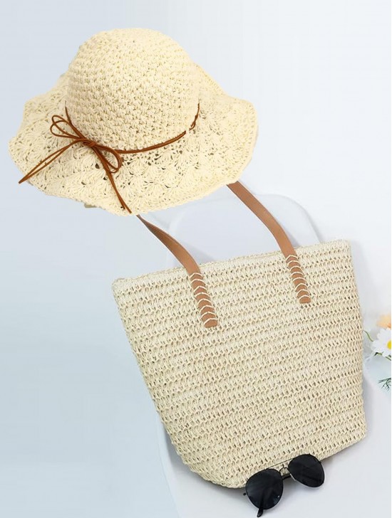 Fashion Weaved Straw Bag & Hat Matching Set (HAT1279-01CRM + BG159802BEG)